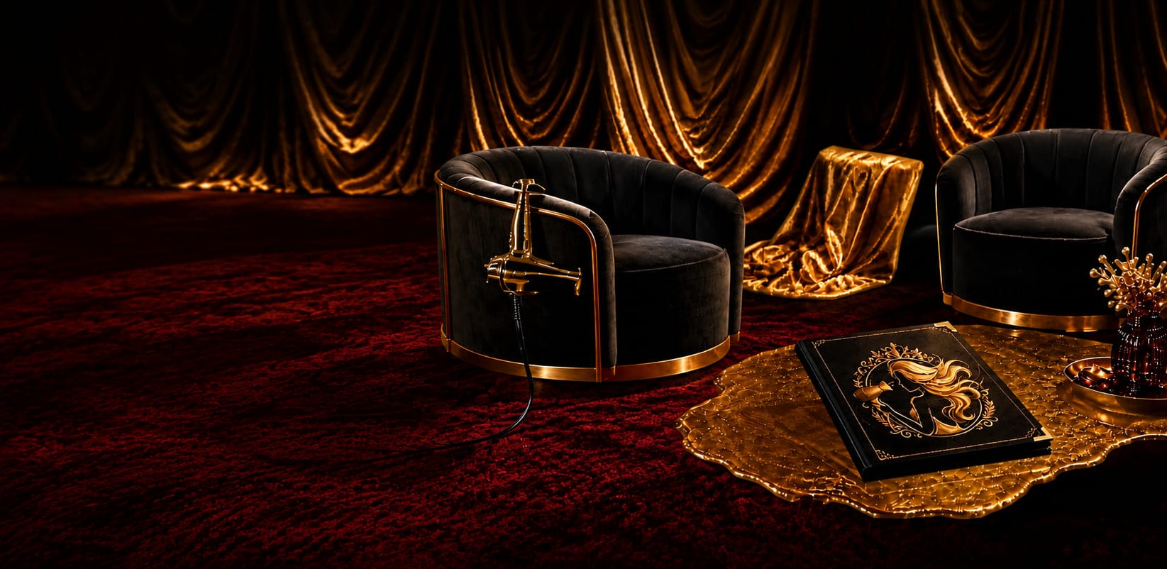 A moody black-and-gold living room: velvet armchairs, gold satin drapes, and a dark leather Rafael Styles catalog with a gold emblem resting on a gold coffee table